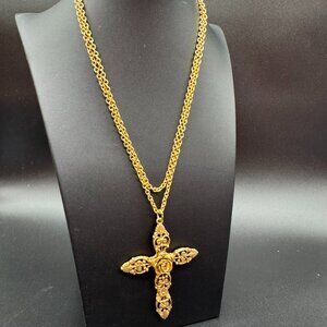 Large Gold tone Cross Crucifix Necklace Chain Rose 3D